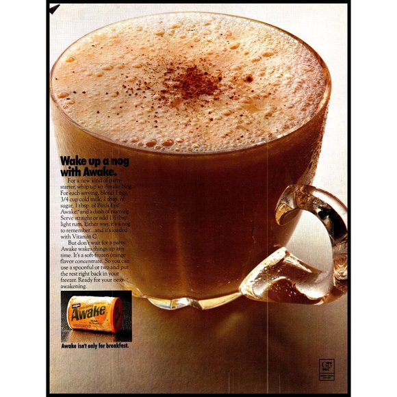 1970 Awake Christmas Nog Vintage Print Ad Clear Coffee Cup Froth Foam Wall Art - Picture 1 of 1